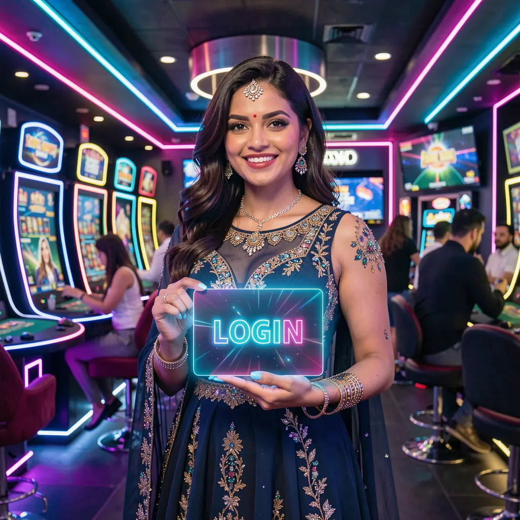 Elegant Bangladeshi woman holding a glowing login card in a neon casino environment representing secure access at 786JL COM